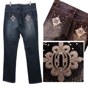 Y2K Vintage Fancy Revolt Jeans Sz 10 DK Blue Embroidered Embellished Studs